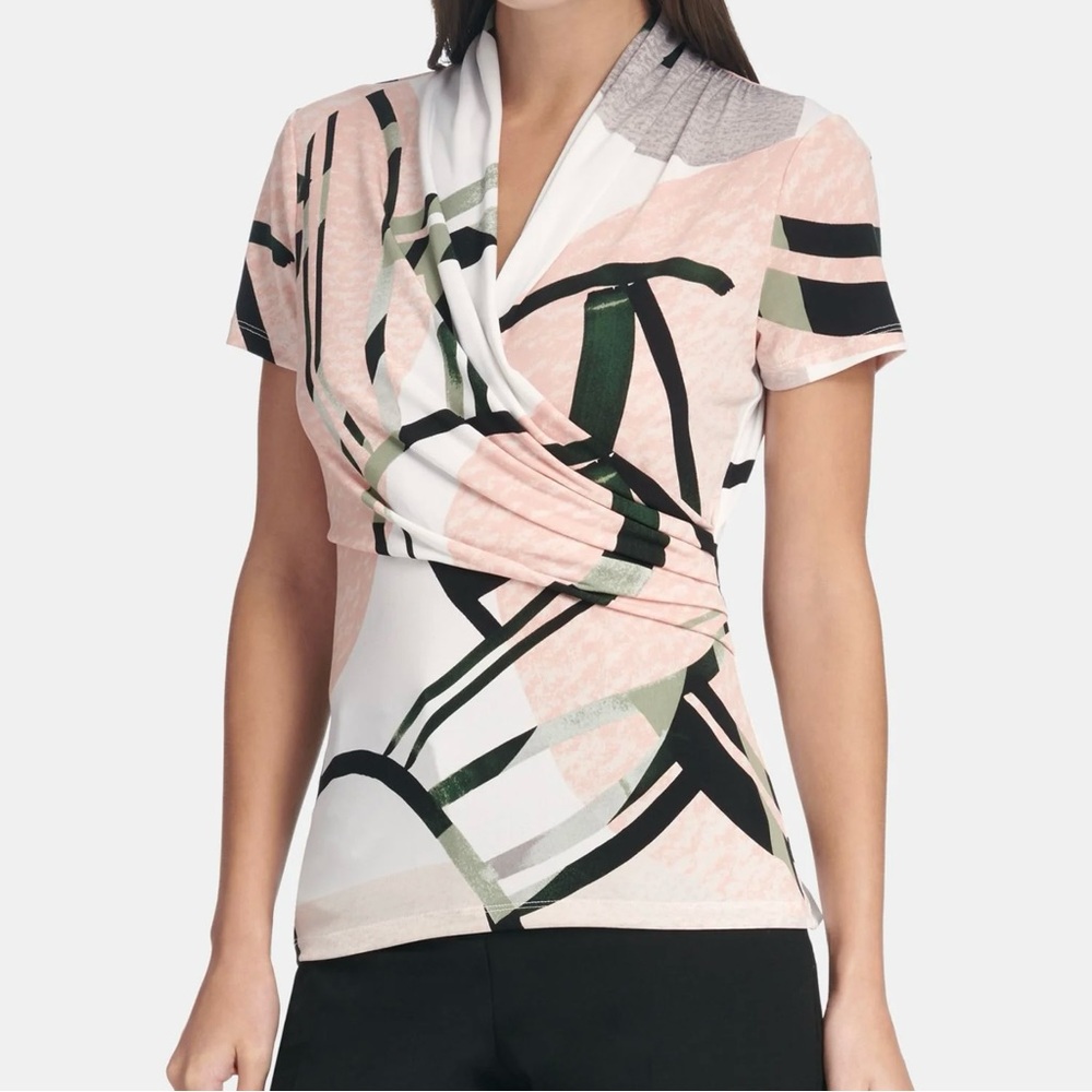 NAME YOUR PRICE • DKNY Pink and Black Abstract Wrap Top Blouse Size L